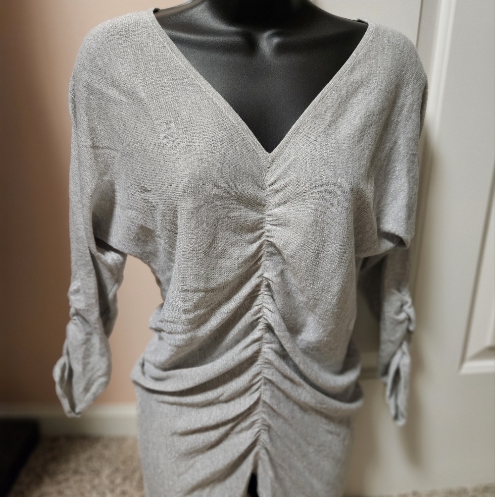 New York & Company Elegant Silver V-Neck Ruched Light Sweater